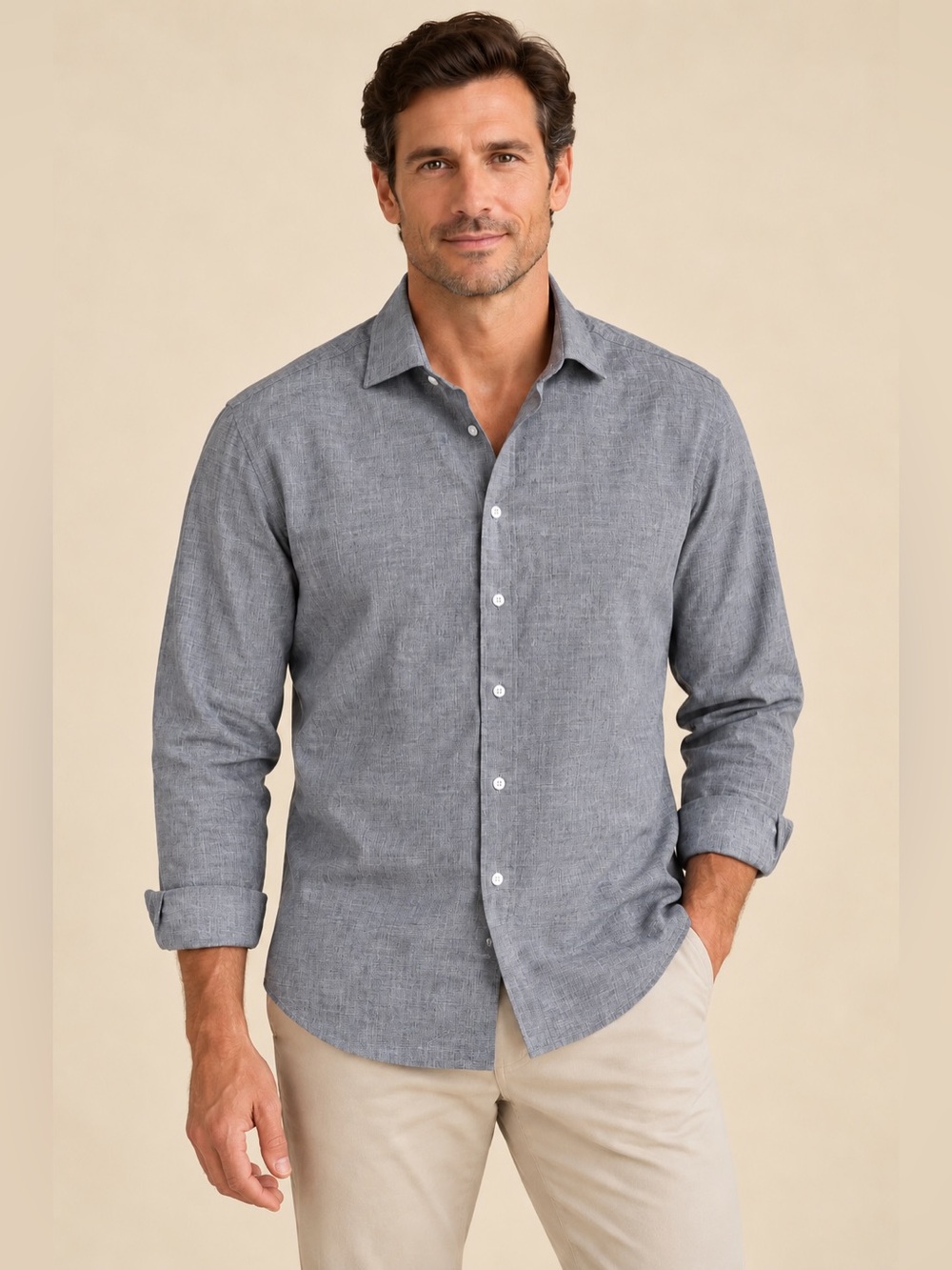 Peter Millar Gray Fleece Finish 100% Cotton Button Down Shirt Men’s Large Casual